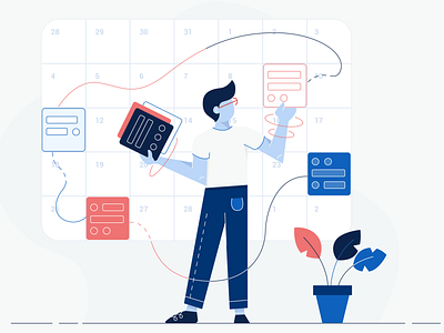 Scheduling Dashboard Illustration boy calendar character cute fun funny glasses happy hotel illustration love managment plant schedule scheduling startup task list tasks time website