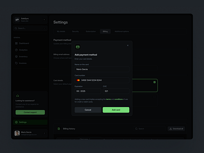 Sneaker resale dashboard / Add payment method billing darkmode dashboard green payments saas sneaker ui uidesign ux uxdesign