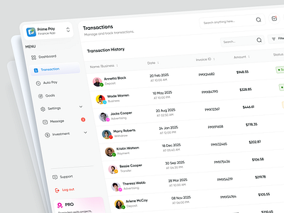 Prime Pay - Finance Dashboard Transactions Page admin panel app design auto pay crypto wallet dashboard design design inspiration design veli digital finance finance app fintech innovation investment tracker mobile banking money management neo bank primepay saas secure payments transaction page ui ux design webapp
