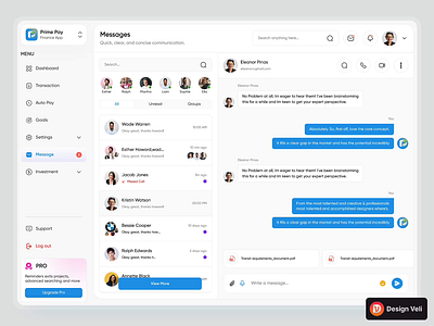 Prime Pay - Finance Dashboard Chat Page admin dashboard admin panel chat chat bot chat list community dashboard ui data visualization document share finance app financial dashboard group chat kpi tracker messenger social communication table design ui deisgn ui inspiration user list webapp design