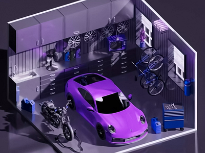 The Purple Power Garage 3d 3d animation 3d art 3d art work 3d car 3d design 3d garage 3d porsche car creative garage garage elements graphic design instruments modern motion graphics porsche purple purple garage tools