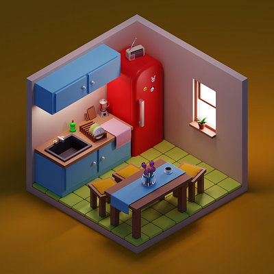 Kitchen with Red Fridge 3d blender blender3d cute cycles cyclesrender design illustration interior isometric kawaii kitchen redfridge