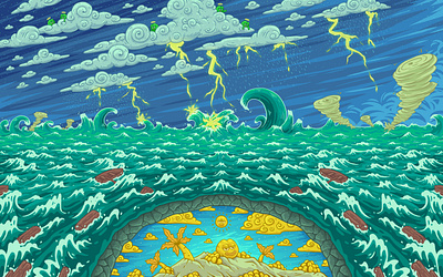 Storm in Pepe's World! Crypto art for a web3 game. Meme design 2d art angel blockchain crypto crypto art crypto illustration gold gold pepe illustration island meme meme design memes ocean pepe sea storm water web3 web3 design