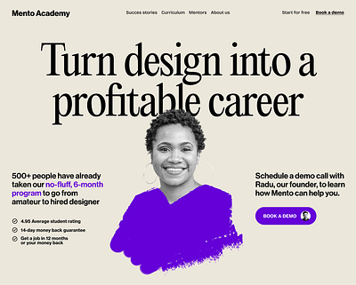 Website header for product design design education program bootcamp branding brush call to action career creative education header hero landing page portrait purple serif web design website