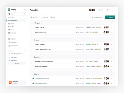 HiveQ | Task List dashboard product design project management project management tool task task list task management task manager taskboard