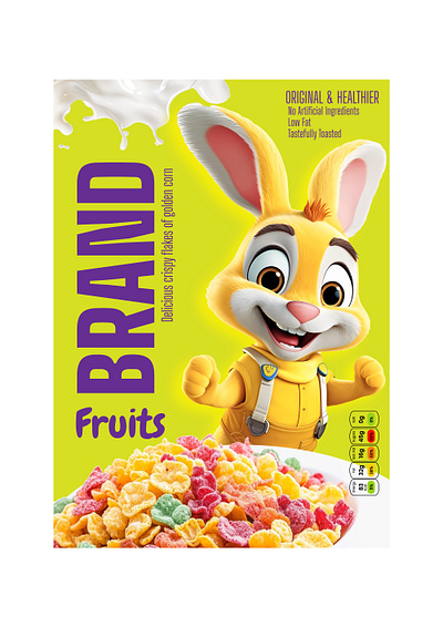Brand Fruits Cereal – Bold Purple Logo with Playful Bunny & Milk cereal box concept