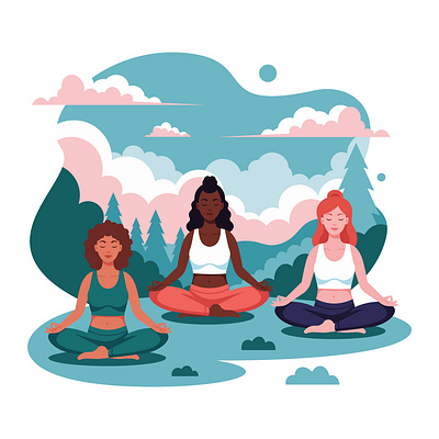 Vector Illustration shows three girls in serene lotus branding design ecology graphic design illustration meditation nature pilates women yoga