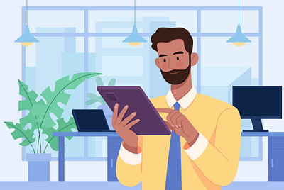 Ask Questions business character company computer flat illustration ipad man office remote vector work