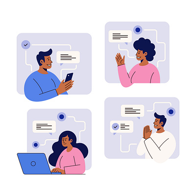 People communicating online via smartphones and laptops adobe illustrator cartoon communicating design graphic designer illustration laptops online people remote smartphones vector work